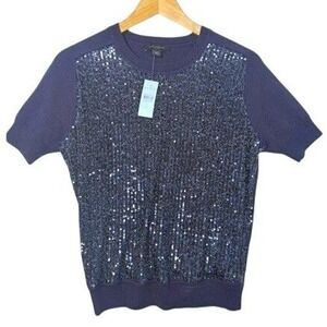 Ann Taylor Petite Navy Blue Sequin‎ Short Sleeve Knit Sweater Top PS NWT